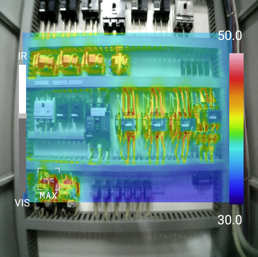 可視・赤外の同時撮影の画像を合成表示することで発熱箇所がわかりやすく確認が行える