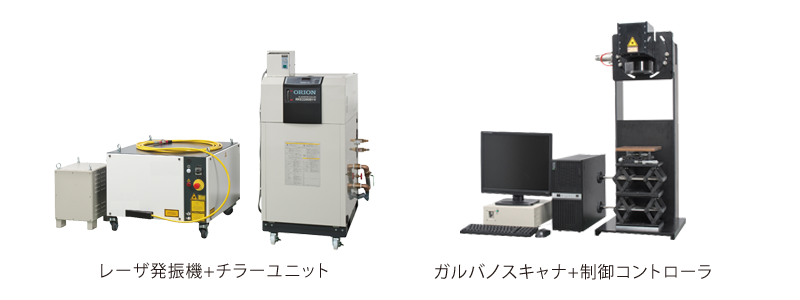 レーザ発振機+チラーユニット、ガルバノスキャナ+制御コントローラ