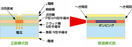 図：半導体レーザチップ断面模式図（ダブルへテロ構造の例）