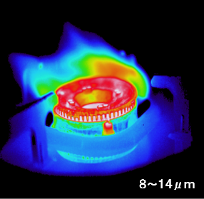 一般的なサーモグラフィカメラの熱画像（火炎の温度が実際より低く表示される）